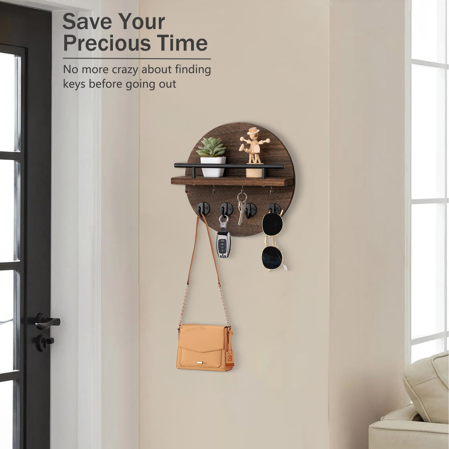 dreampossible Key Holder Wall Mount - 10.2 Inch Decorative Key Rack and Mail Organizer with 8 Key Hooks - Wooden Key Hanger with Shelf for Wall and Home Decor