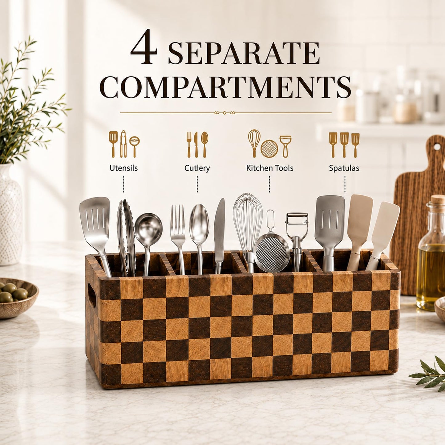 TKISZYZR Acacia Wood Kitchen Utensil Holder Organizer for Counter/Countertop Kitchen Gift, 4-Compartment Crock Caddy with Handle, Spoon Spatula Silverware Storage - Checkered Large