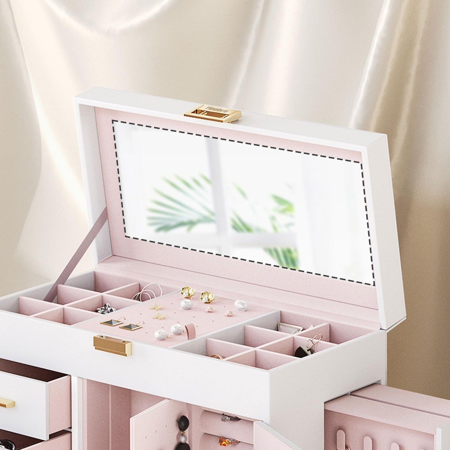 HOOBRO Jewelry Box with Mirror, Jewelry Organizer Box with Capacious Storage Space and 360° Rotating Jewelry Box, Wooden Jewelry Organizer Bundle, WT06JB04G1-BH30JB04