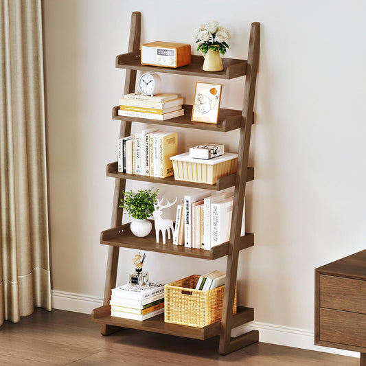 Uniclinens Walnut Wooden Ladder Shelf, 5-Tier Leaning Bookshelf, Ladder Bookshelf for Compact Spaces, Leaning Bookcase for Living Room, Bedroom, Home Office,(23.6''Dx15.7''Wx55.1''H)
