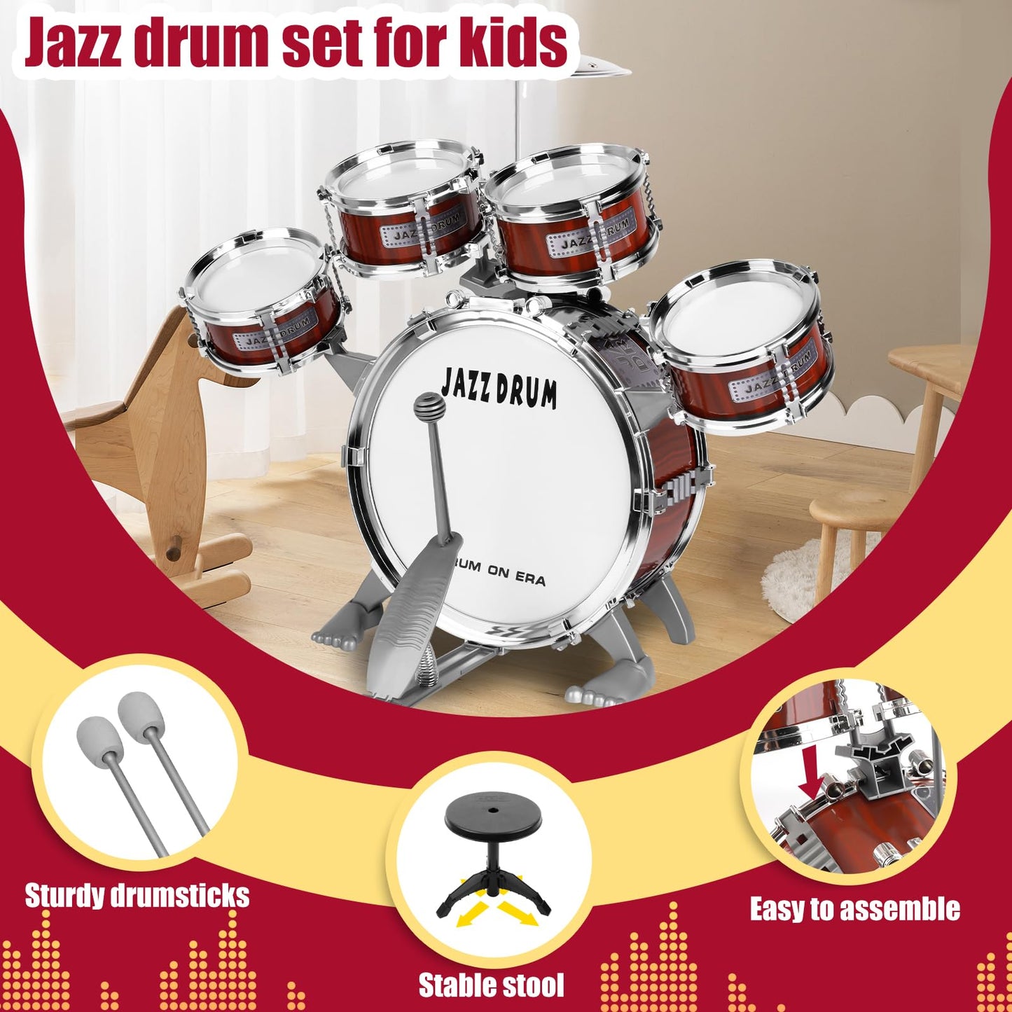 Kids Drum Set for Toddlers 3-5 - Musical Instruments Toys Drum Kit 9 Pcs with Stool, Birthday Musical Toys for Toddlers 3 4 5 Year Old Boys Girls