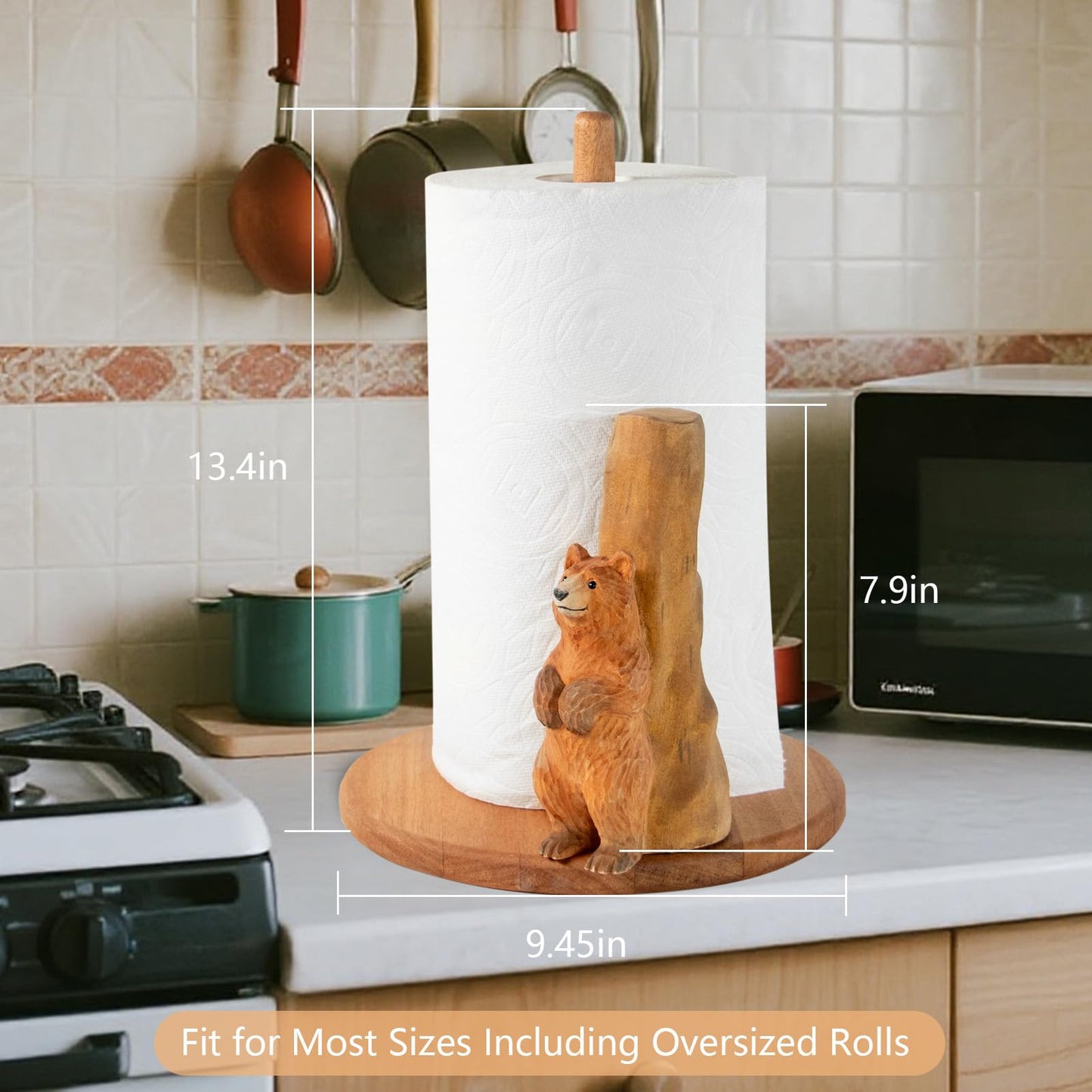 Bear Wooden Paper Towel Holder,9.5" Large Thicken Base Wood Kitchen Tissue Holder, Freestanding Paper Towel Holders, Suitable for Farmhouse, Kitchen Countertop Decorative Paper Towel Holder (Bear)