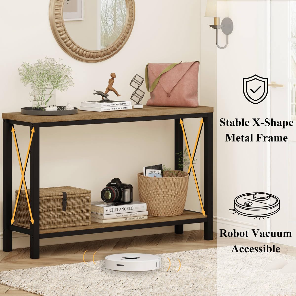 BON AUGURE Entryway Bench and Console Table Bundle – Farmhouse Wooden Metal Shoe Bench & Industrial Entryway Table for Foyer, Mudroom, Living Room, Hall (Vintage Oak)