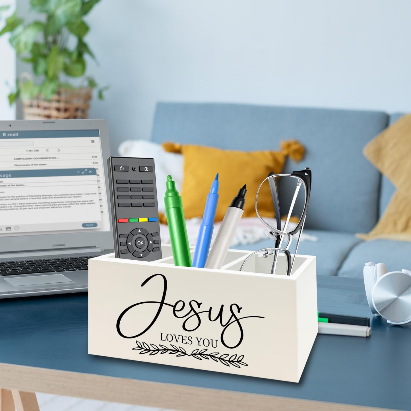 QZQE Christian Pen Pencil Holder Organizer for Desk, Christian Gifts for Women, Jesus Loves You Bible Verse Scripture Wooden Box Signs Decorations for Home Office Desk Tabletop, Religious Gifts