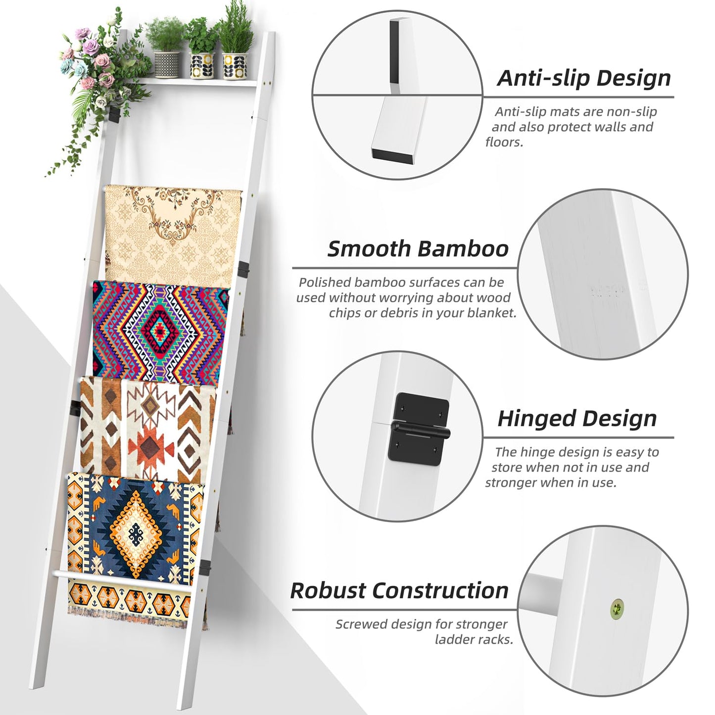 BAMBANG 6-Tier Blanket Ladder for Living Room, Blanket Quilt Ladder Rack Rustic Decorative Towel Holder, Wall Leaning Blanket Ladder Shelf Storage Farmhouse Decor for Bedroom Bathroom, White