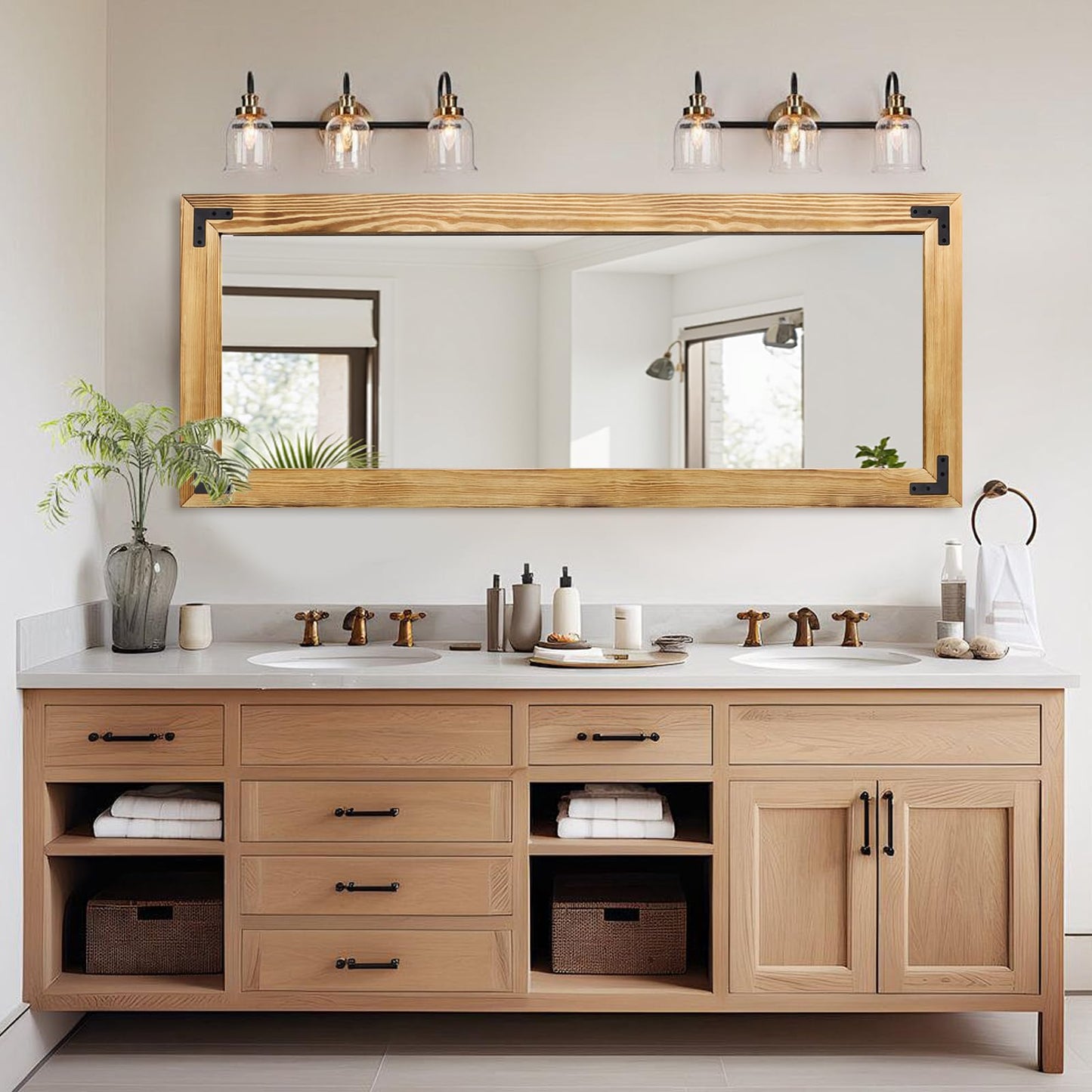 YNCLCS 55"x22" Full Length Mirror with Wooden Frame，Natural Wooden Standing Mirror, Solid Wood Frame, Hanging or Leaning Wall-Mounted, Suit for Farmhouse, Living Room, Bedroom (Light Brown)