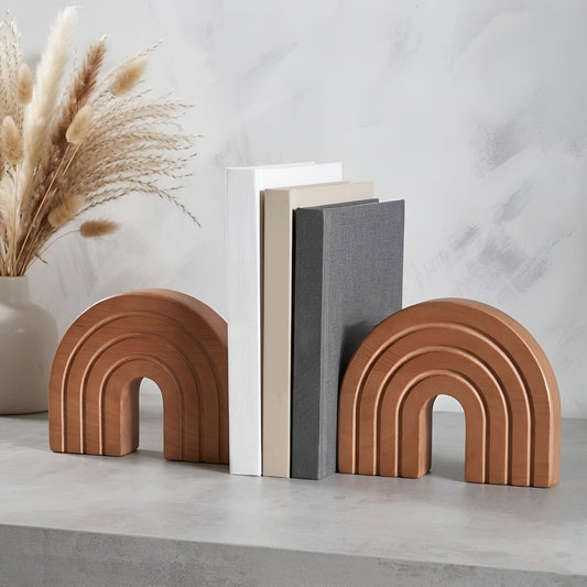 JADENIO 2Pcs Boho Decor Book Ends, Minimalist Wooden Arch Bookends for Shelves - Modern Farmhouse Decor for Living Room, Bedroom, Office & Dining Table
