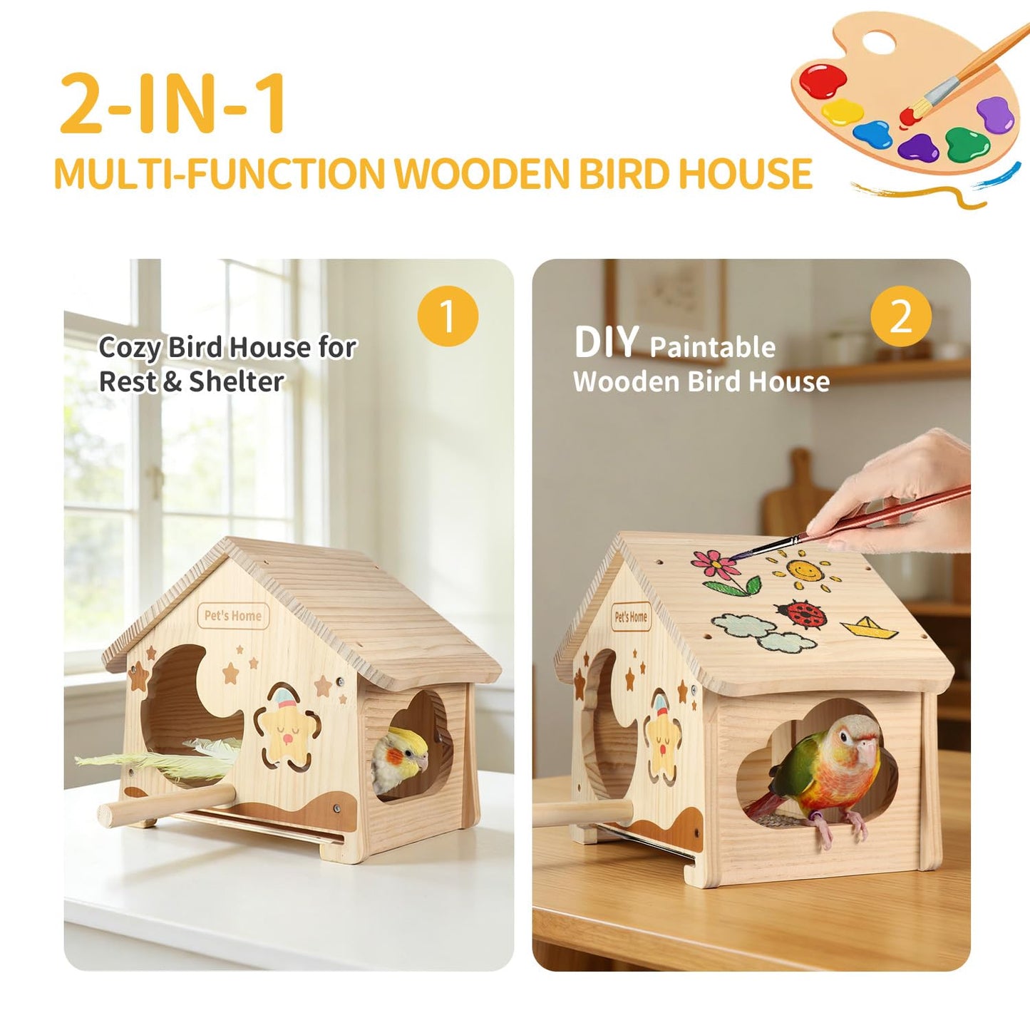 Wooden Bird House with Removable Tray, DIY Paintable Birdhouse for Lovebirds Budgies Cockatiels Conures, Cozy Bird Nest for Indoor Outdoor Use (Wood Tray (Standard))