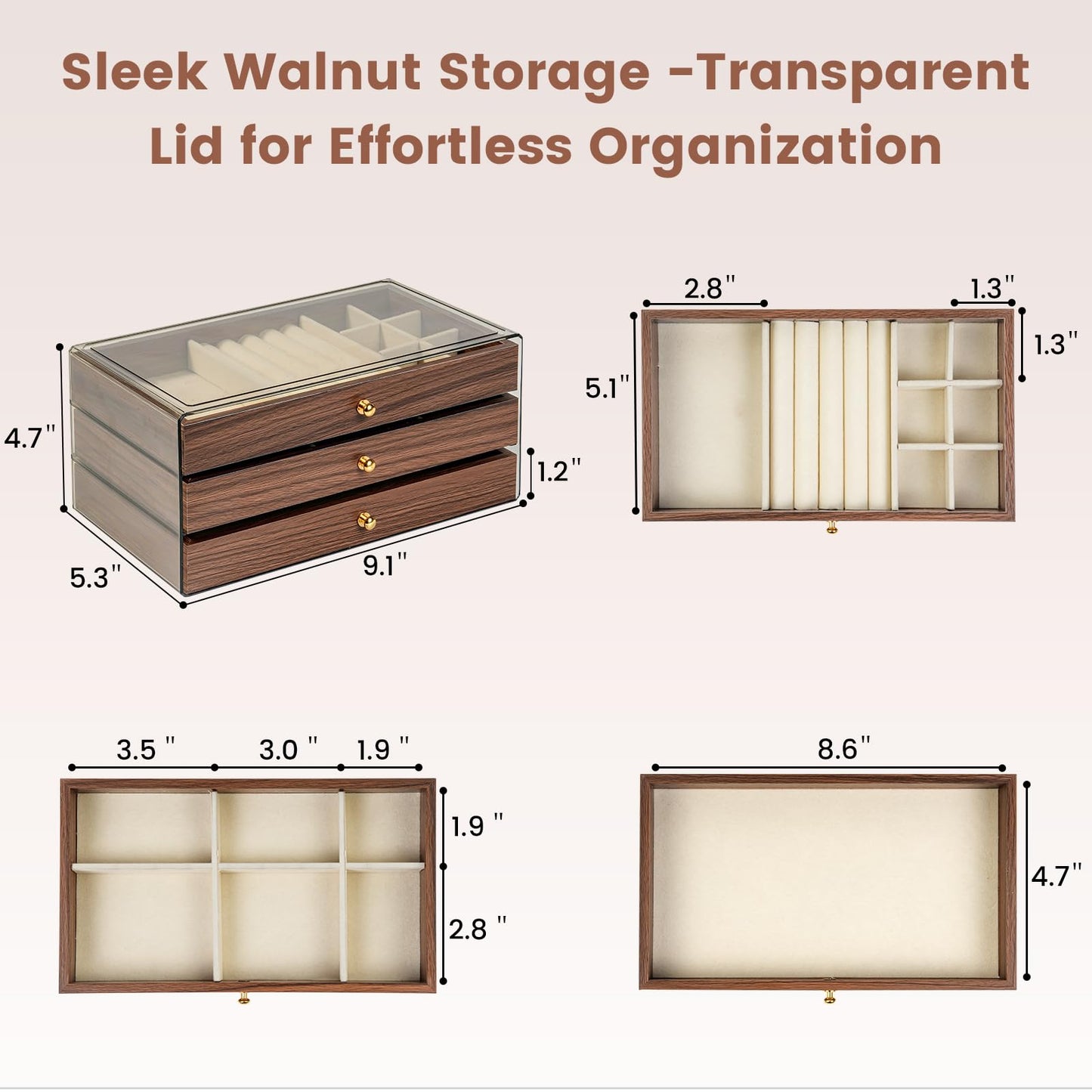 Simple Supplies Wooden Jewelry Box for Women, 3-Layer Jewelry Organizers and Storage with 3 Drawers & Velvet Trays, Large Earring Holder, Necklace Ring Travel Case, Gift Box for Drawer, Wood