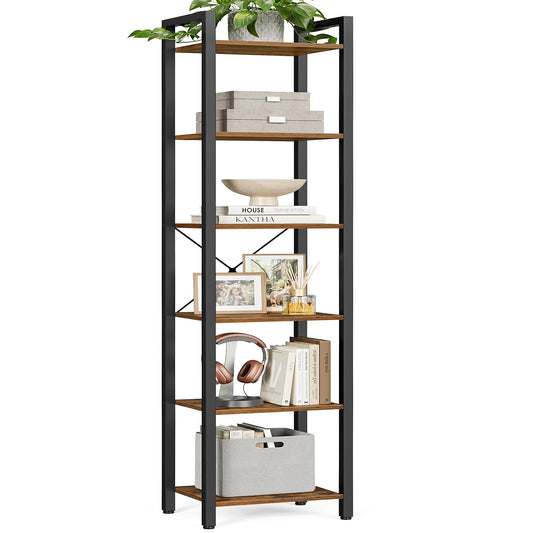 VASAGLE 6-Tier Bookshelf, Bookcase with Steel Frame, Book Shelf for Living Room, Home Office, Study, 11.8 x 15.7 x 73.2 Inches, Industrial Style, Rustic Brown and Ink Black ULLS101B01