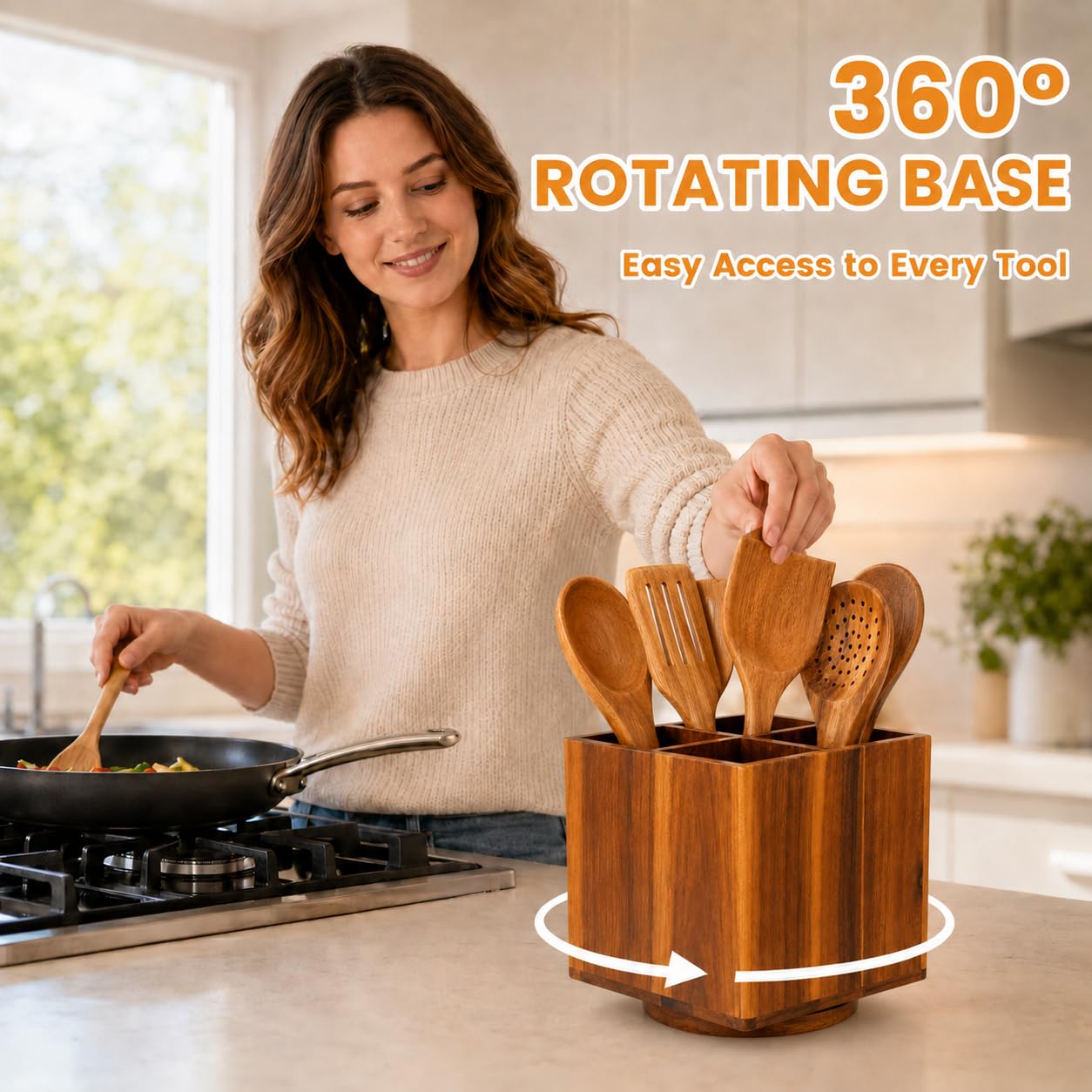 LIGOMEDA Acacia Wood Rotating Utensil Holder for Kitchen Counter – 360° Large Wooden Organizer with 4 Compartments, Farmhouse Kitchen Countertop Storage for Cooking Utensils