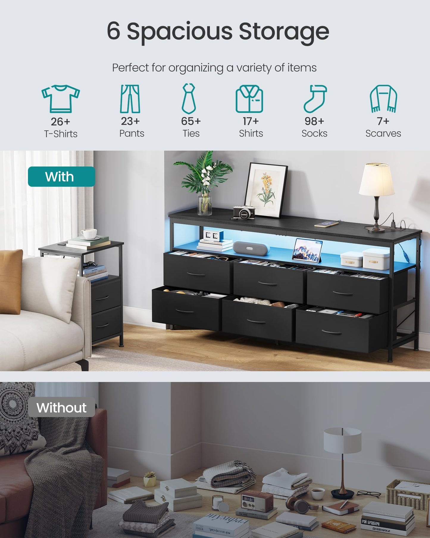 SONGMICS BELLAH Collection - Dresser for Bedroom, Chest of Drawers, TV Stand for TVs Up to 65 Inches, Living Room, Closet, 6 Drawers and 1 Shelf, Modern, Ink Black ULGS834BH02S