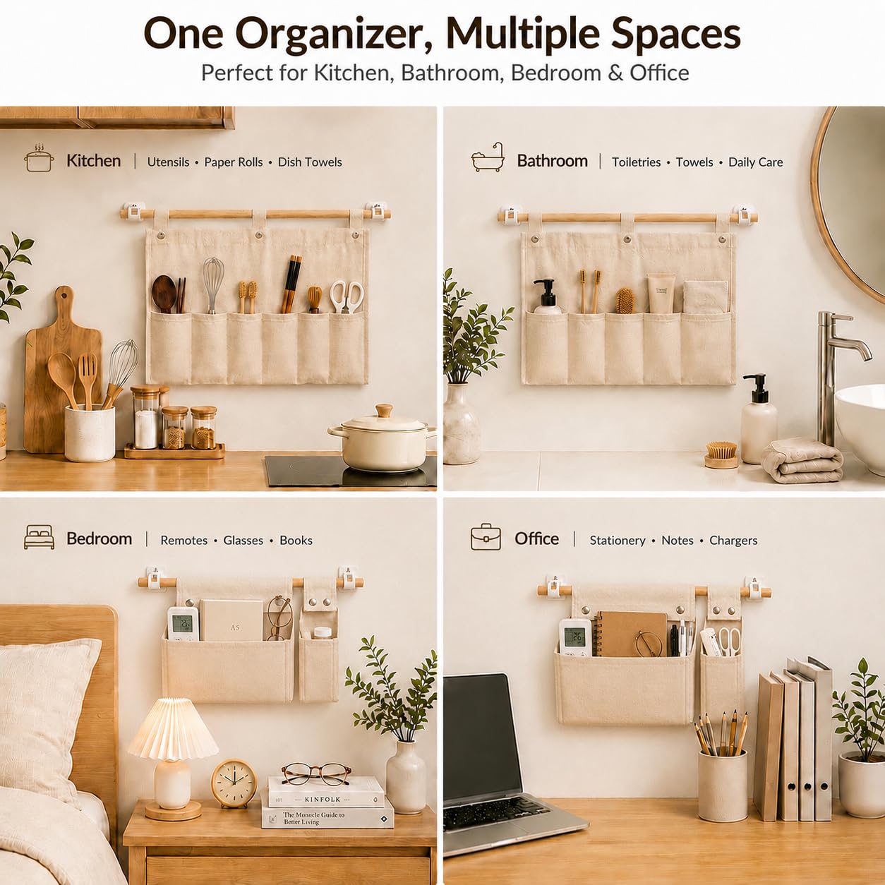Viscrenox No Drill Canvas Wall Organizer with Mounting Clips, Hanging Pocket Organizer with Wooden Rod, Fabric Wall Storage for Bedroom, Bathroom, Entryway(Large)