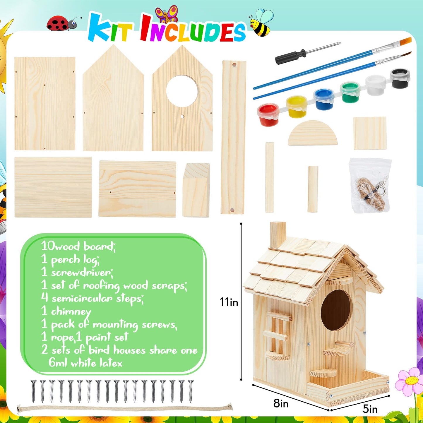 Liliful Wooden Bird House Kits, Build It Yourself Woodworking Kit for Adult Kids 4-8, 8-12 with Paint and Paintbrushes, Solid Weather Proof Natural Pine Wood, Pre Drilled (1 Pack,Modern Style)