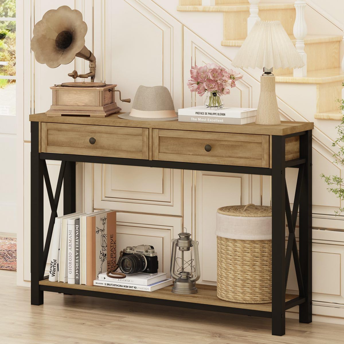 BON AUGURE 2-Piece Entryway Furniture Set, Console Table with Drawer and Coat Rack Hall Tree with Bench for Hallway or Living Room