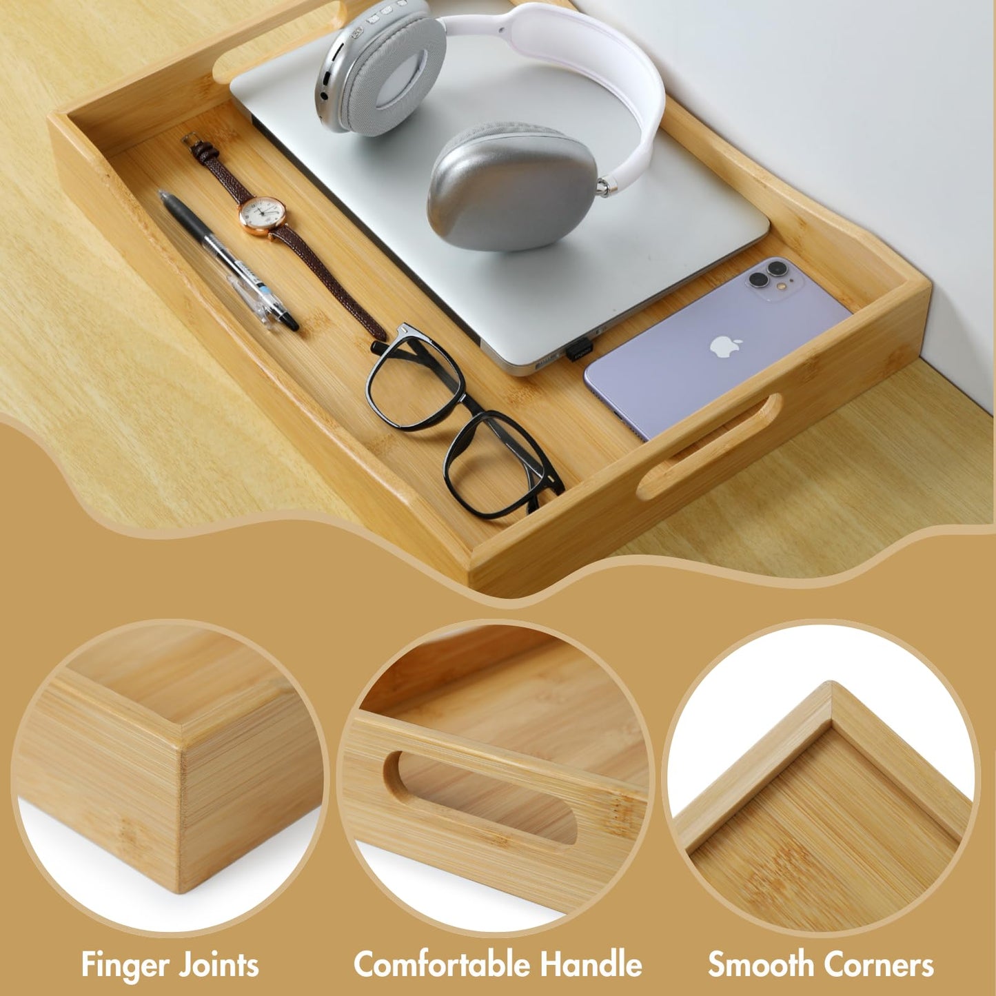 Gobam Bamboo Serving Tray with Handles (16.5-Inch), Solid Decorative Wood Tray for Ottoman Coffee Table, Natural Rectangle Breakfast in Bed Tray for Eating, Food and Drinks Platter