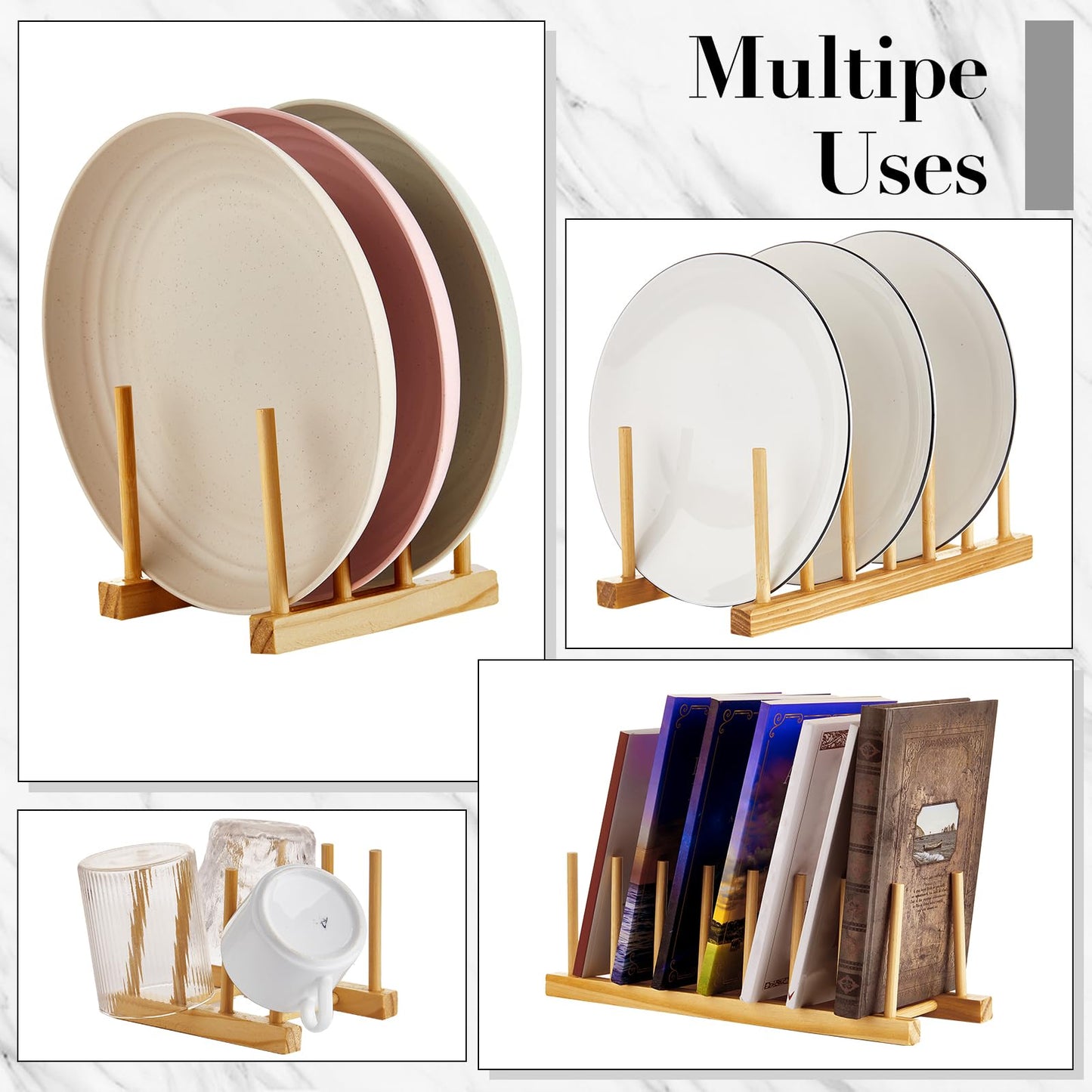 Zopeal 18 Pcs Bamboo Wooden Plate Racks Dish Rack Stand Holder 3/6/ 7 Slots Drainboard Drying Drainer Kitchen Cabinet Organizer for Dish Plate Bowl Cup Pot Lid Book