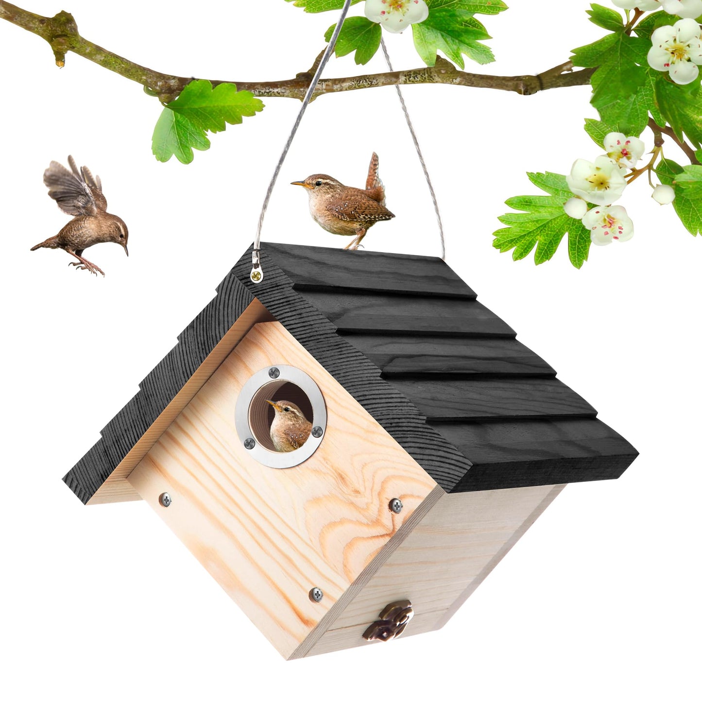 Dreyoo 1 Pack Wren House, 1-1/8'' Entrance Hole Hanging Wooden Wren Bird Houses for Outside with Metal Guard, Air Vents, Pine Wood for Chickadees(Black)