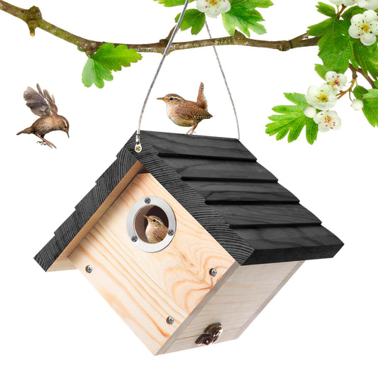 Dreyoo 1 Pack Wren House, 1-1/8'' Entrance Hole Hanging Wooden Wren Bird Houses for Outside with Metal Guard, Air Vents, Pine Wood for Chickadees(Black)
