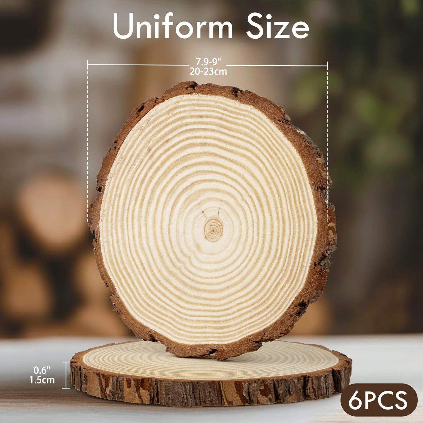 Large Unfinished Natural Wood Slices - 6 Pcs Natural Round Discs Rustic Wood Slices 7.9-9 Inch Wooden Tree Bark Discs for DIY Crafts Centerpieces Table Base Decoration Wedding Ornaments Coasters