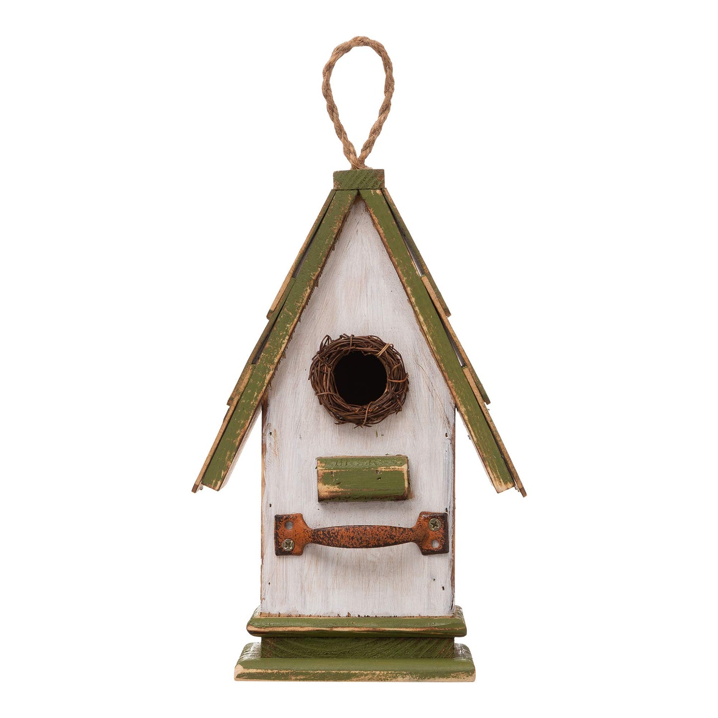 Glitzhome 10.25" L Hanging Birdhouse Green White Roof Wooden Garden Bird House for Outdoor