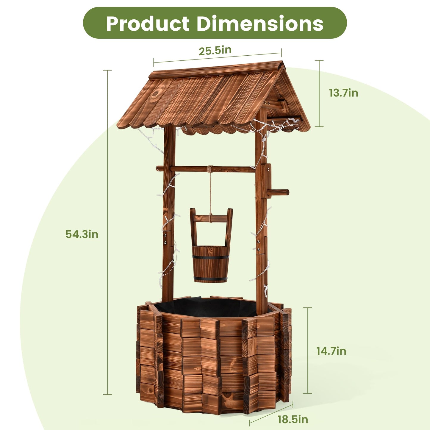 AUTO DAYA 54" Wooden Wishing Well Planter with 11-Mode LED Lights, Timer Settings, Rustic Outdoor Garden Decor with Adjustable Hanging Bucket, Drainage Base & Liner for Patio Yard Backyard
