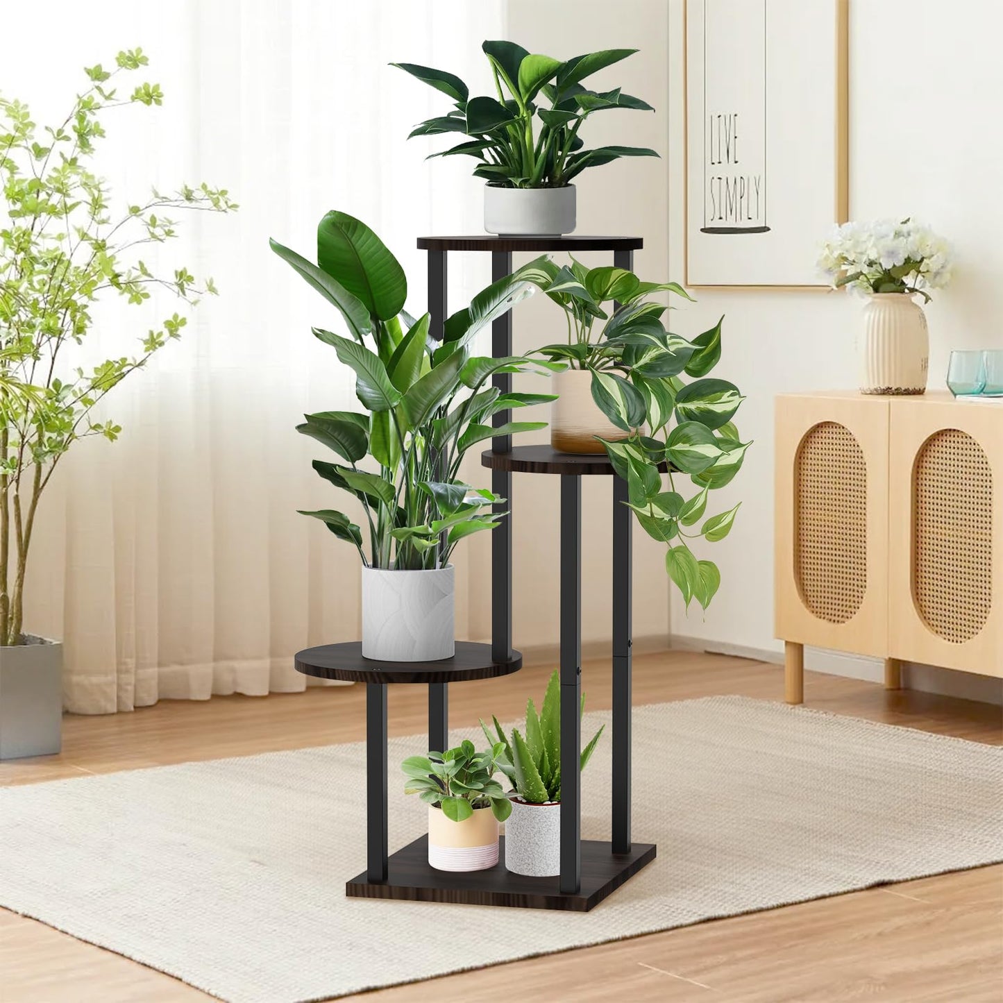 SMFANLIN 4 Tier Plant Stand Indoor, Metal Wooden Tall Plant Shelf Flower Pot Stand for Multiple Plants, Corner Flower Holder Plant Display Rack for Living Room Balcony Patio Garden (Black)