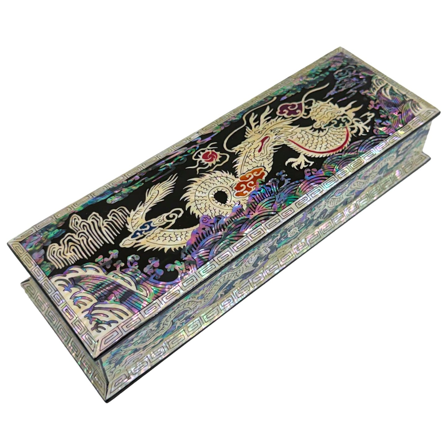 Nacreh Mother of Pearl Ring Necklace Office Pen Holder Case Storage Wooden Jewelry Box - Inlay with Sea Shell Gift (Dragon)