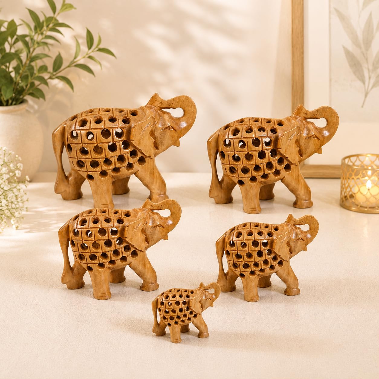 Yepsio Wooden Elephant Figurine Set, Hand Carved, 5 Pieces, 2-4 inches, Decorative Home Gift