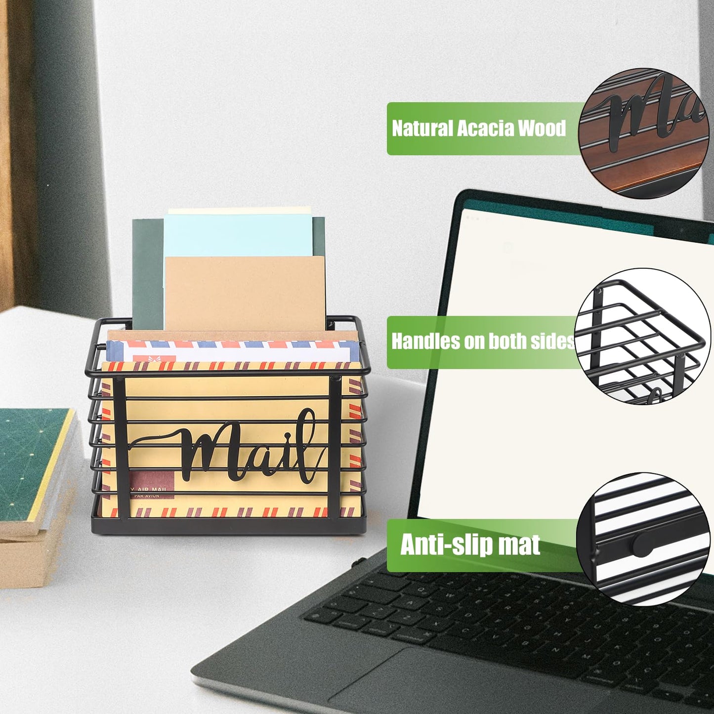 MOSUYO Mail Holder, Acacia Wood & Sturdy Metal Mesh Letter Caddy,2-Slot Desktop Organizer for Desk Home Office