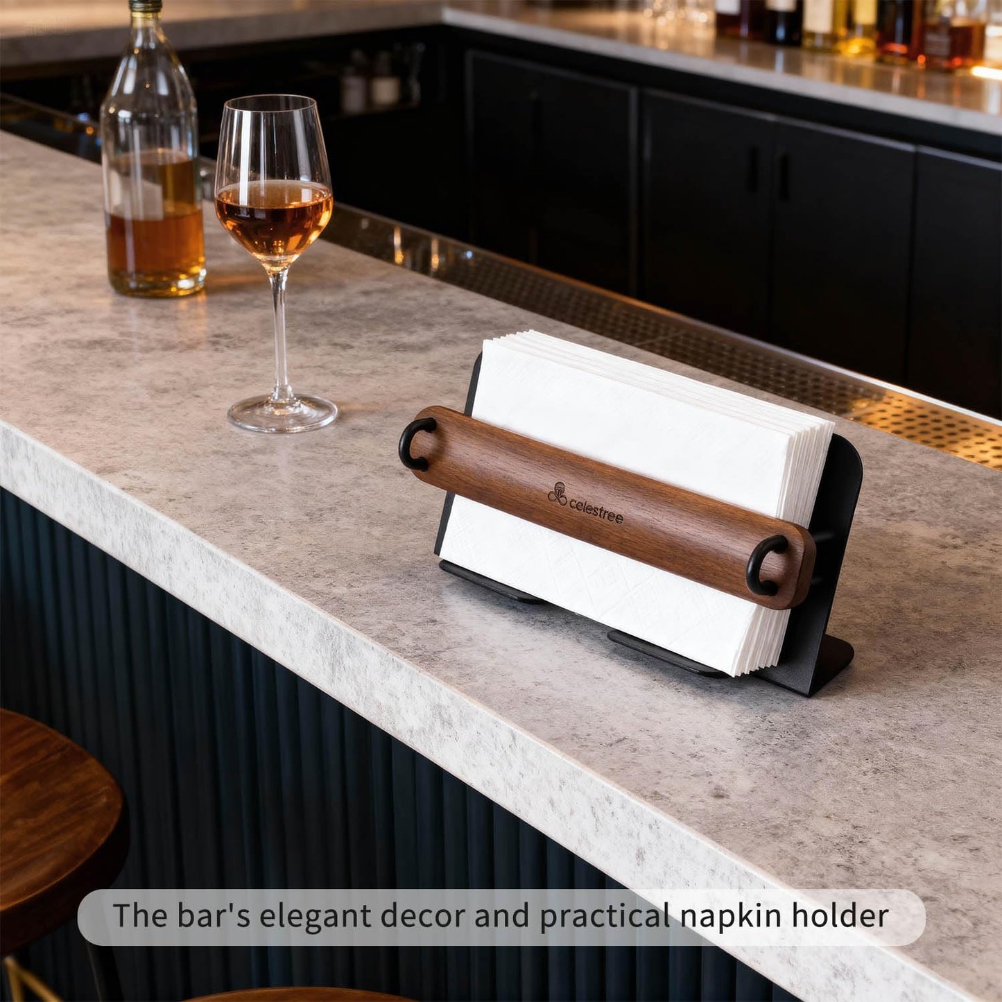 Rectangular Napkin Holder Wooden - Celestree Paper Napkin Dispenser with Solid Black Walnut Weighted Bar, Modern Metal Frame Windproof Stable for Kitchen Dining Table Bar Outdoor Party (Gift Ready)