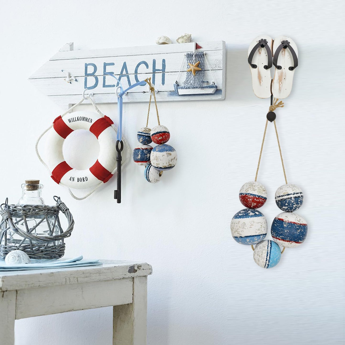 Wood Buoys Nautical Wall Decor for Home, Rustic Decorative Wall Hanging Fishing Floats Wooden Sculpture Distressed Buoys Beach Ornament Ocean Sea Coastal Decor for Bathroom Bedroom Living Room