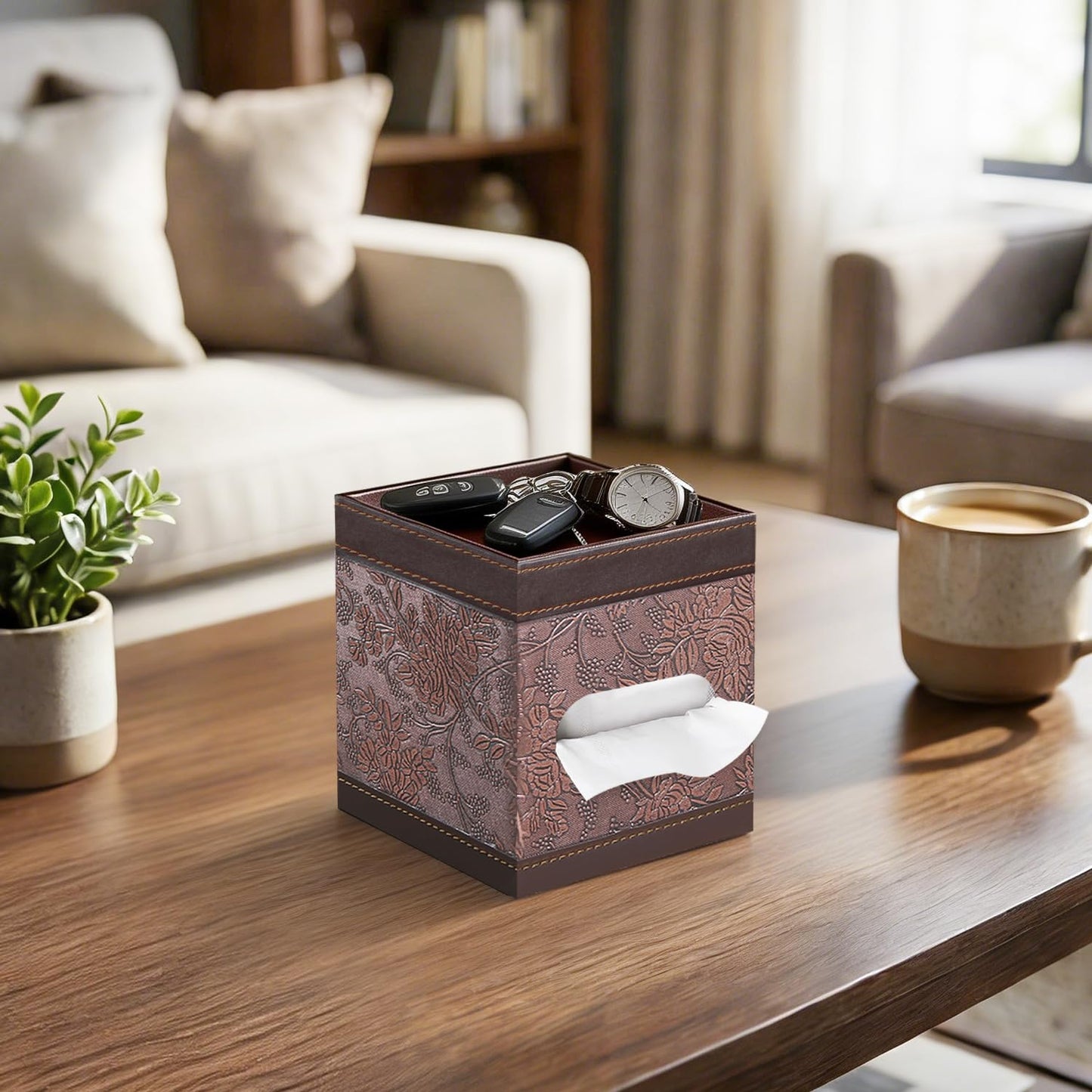 Square Tissue Box Cover with Storage Tray,PU Leather Tissue Cube Box Holder,Decorative Tissue Holders,Modern Tissues Case Napkin Dispenser Facial Paper Organizer for Bathroom Vanity