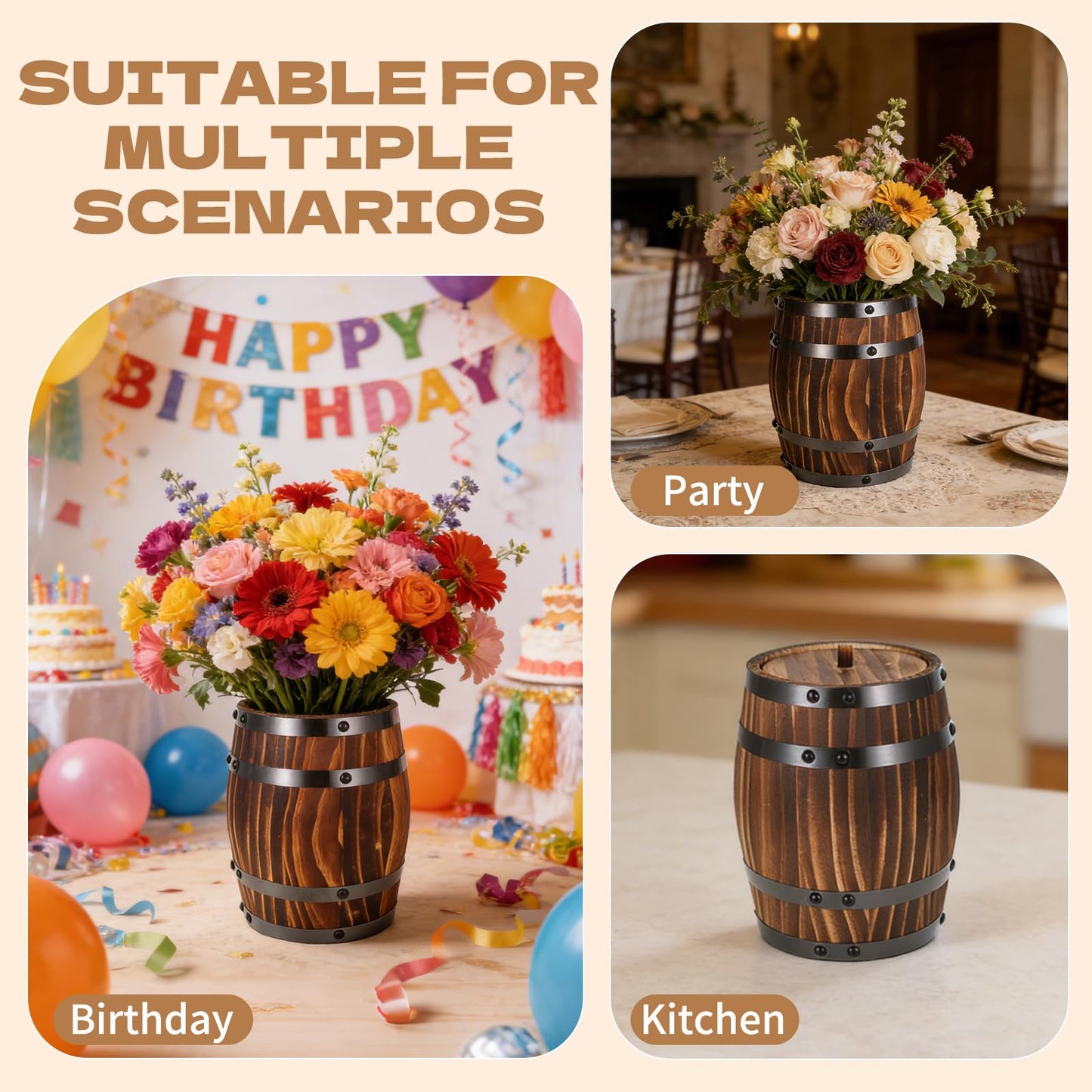 2 Pcs Wood Wine Barrel Vase Set Wooden Flower Planters Rustic Barrel Flower Vase Container for Home Indoor Outdoor Garden Kitchen Wedding Reception Party Table Decoration