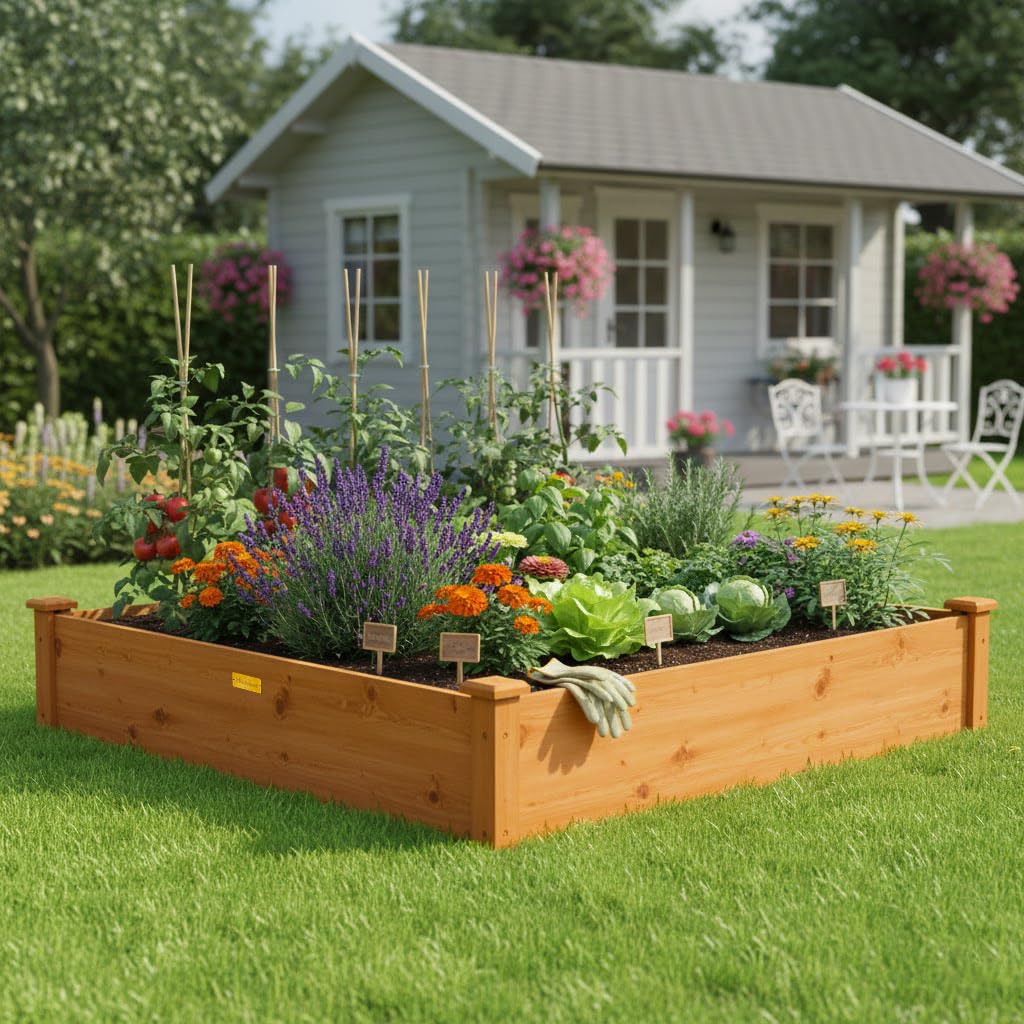 Hollyone 4x4 Raised Garden Bed Wood Frame Planters Wooden Elevated Planting Planter Box for Outdoor Herb Vegetables Flowers Grass Lawn Yard Patio - Natural Brown 48" X 48" inches