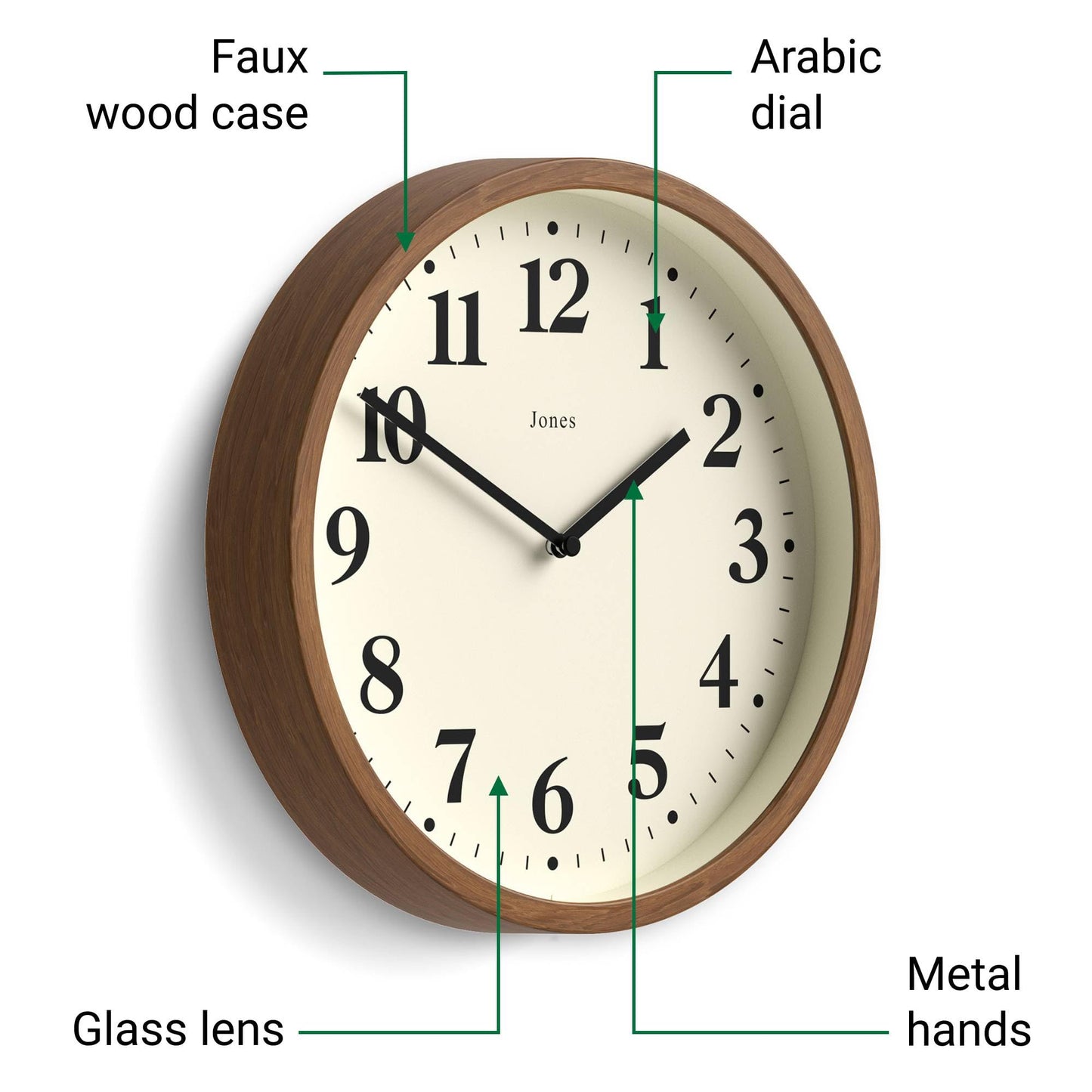 JONES CLOCKS® Lodge wall Clock | Small Modern Clock | 10 inch | Dark Faux Wood | Classic Contemporary Style for Kitchen, Living Room or Office