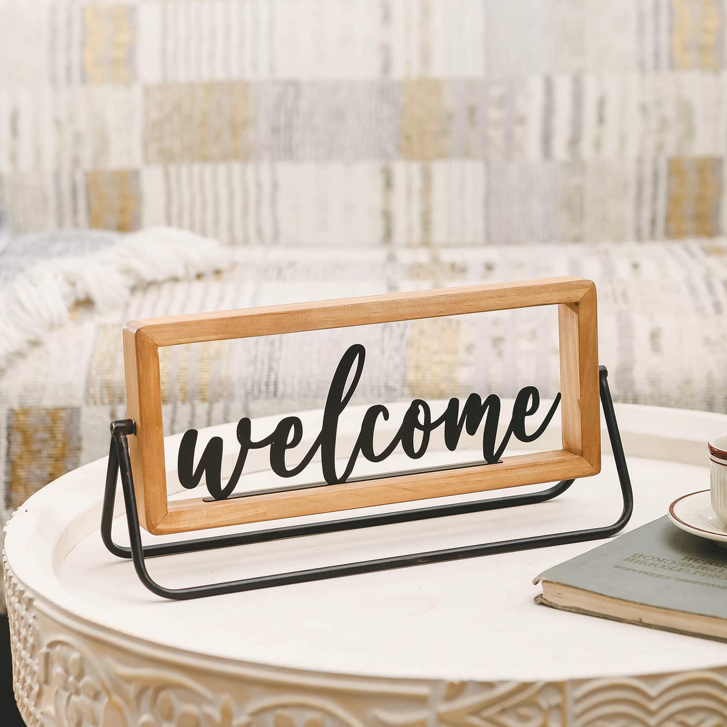 NIKKY HOME Wooden Welcome Sign, Rustic Table Signs Freestanding Word Sign Decorative Cutout Welcome Letters Sign for Home Ornament Entryway Living Room Indoor Decor
