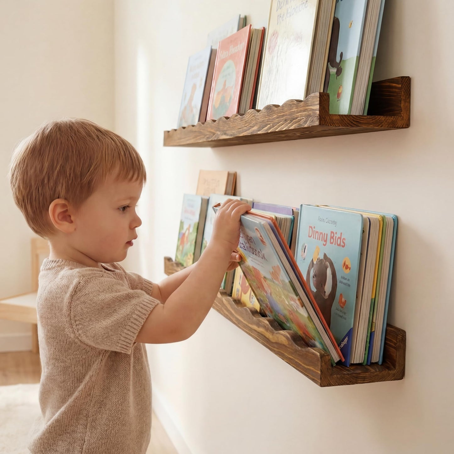 Fun Memories Picture Ledge Shelf for Wall, 36 inch Pine Wood Nursery Book Shelves Set of 2- Wall Book Shelves for Kids Room, Home Decor - Kitchen Spice-Carbonized