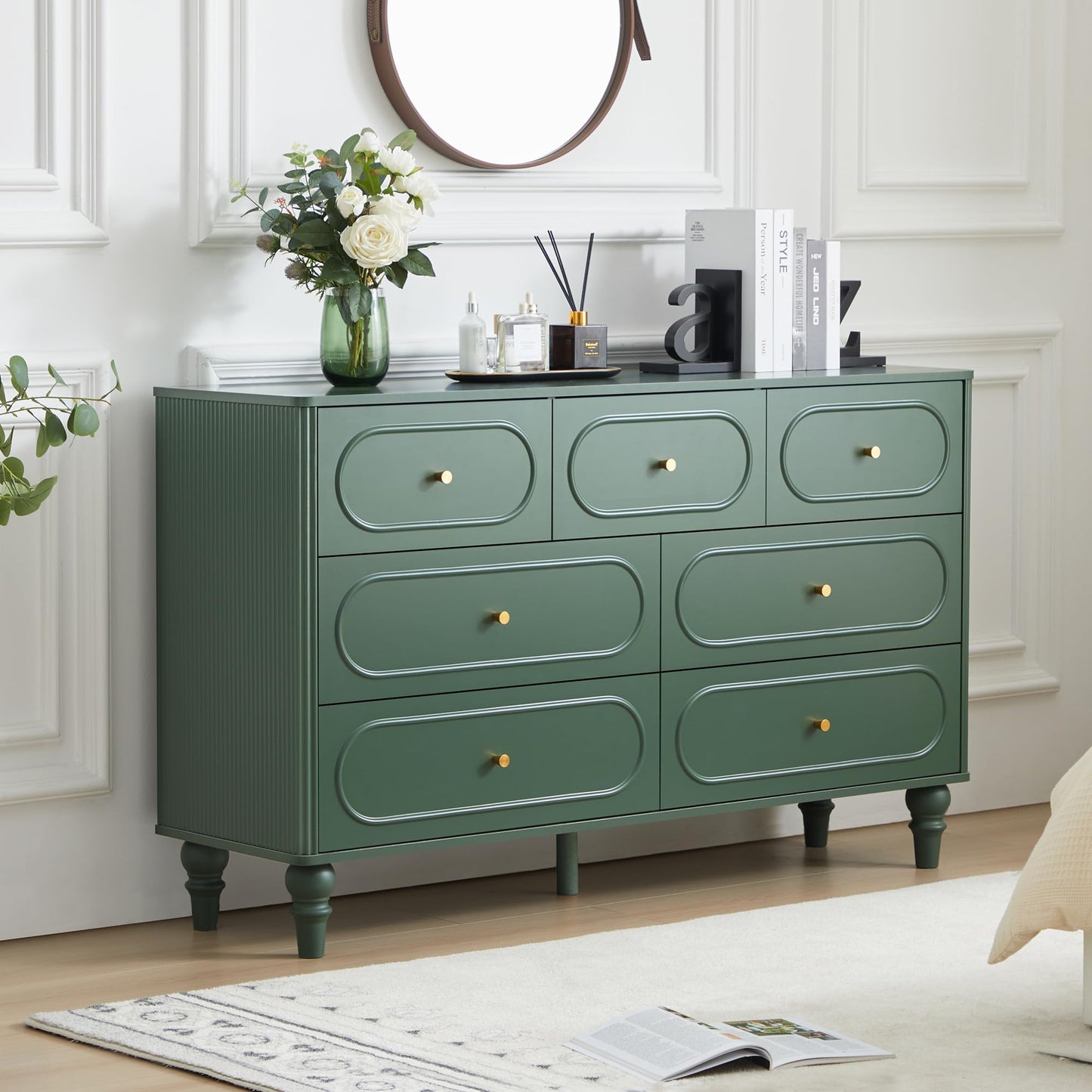 ORRD Fluted 7 Drawer Dresser for Bedroom, Mid Century Modern Chest of Drawers, Wood Storage Large Dresser Organizer for Bedroom Living Room Hallway Closet, Green