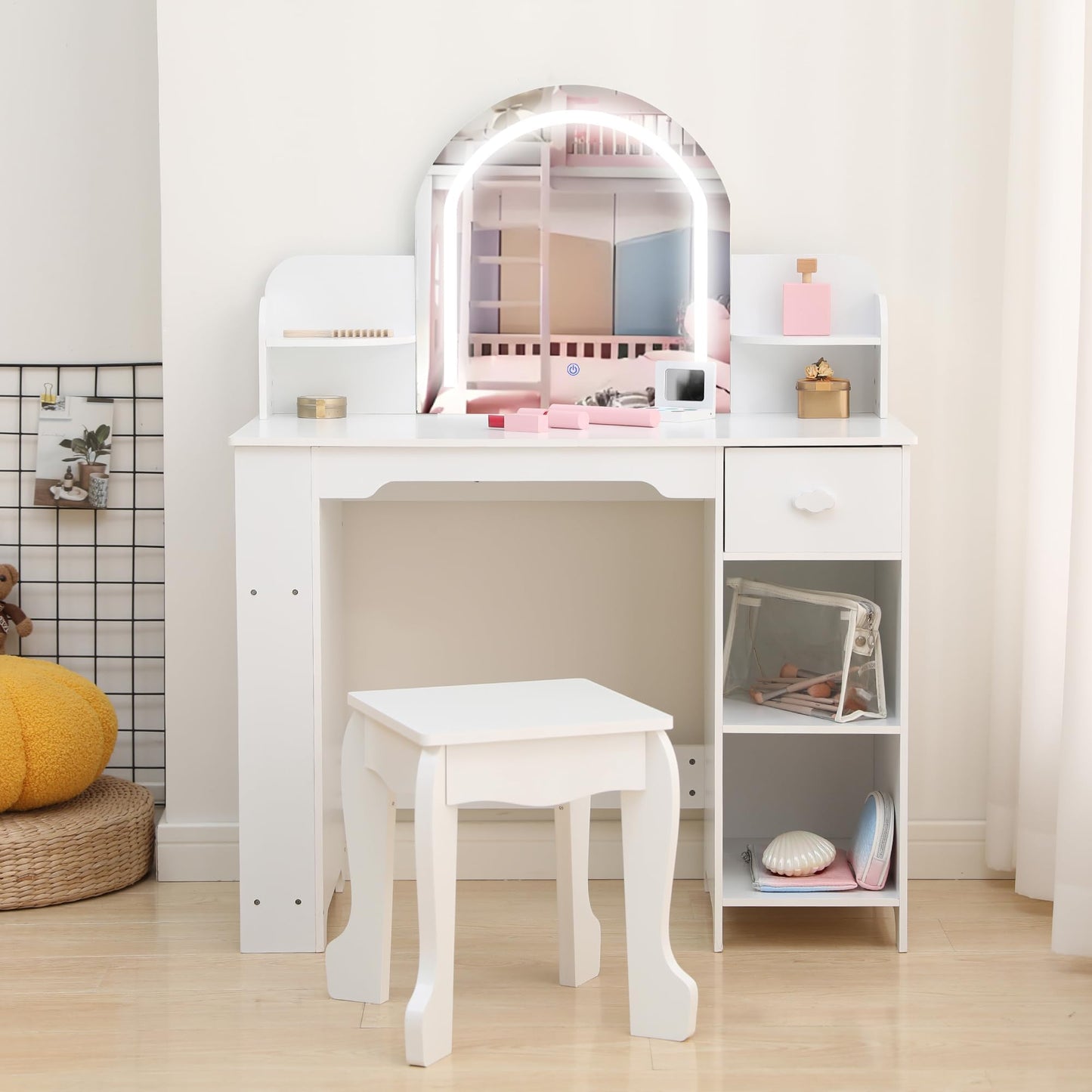 GarveeLife Kids Vanity with Lighted Mirror & Stool, Toddler Vanity Set for Little Girls, Girls Vanity Set with Adjustable LED Light & Bookshelf, Wooden Makeup Playset, (White Ages 3-9)