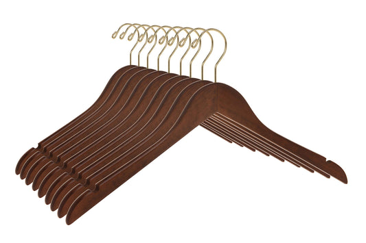 Quality Semi Curved Wooden Suit Hangers, 10-Pack Smooth Finish Solid Wood Coat Hanger with Swivel Hook, Jacket, Pant, Dress Clothes Hangers (Walnut - Gold Hook, 10)
