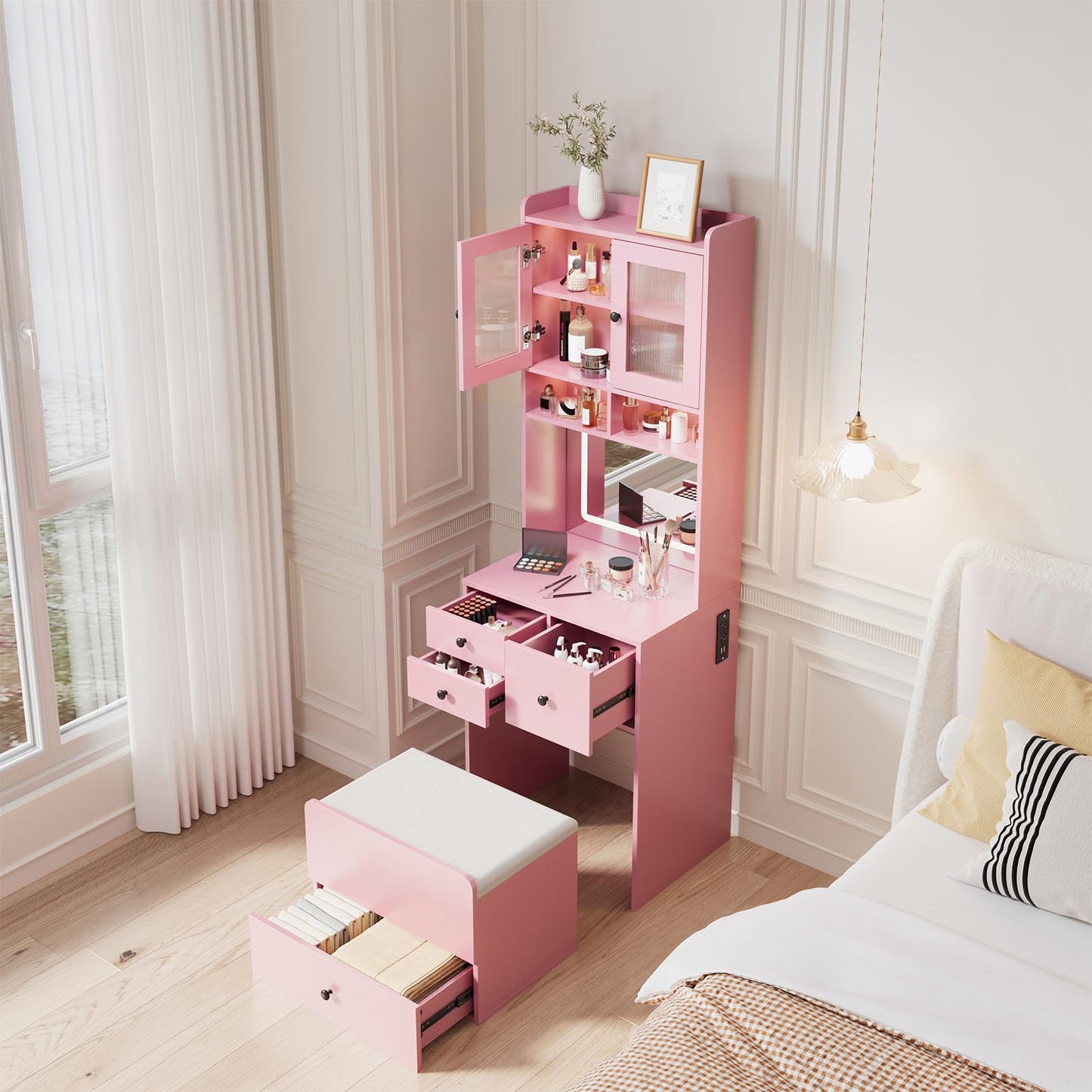 3 in 1 Vanity Desk with LED Light, Tall Makeup Vanity Set with 2 AC Outlets & USB-C, Dressing Table with Storage Drawers & Acrylic Doors, Nightstand Vanity Mirror, Jewelry Box, Cushioned Chair