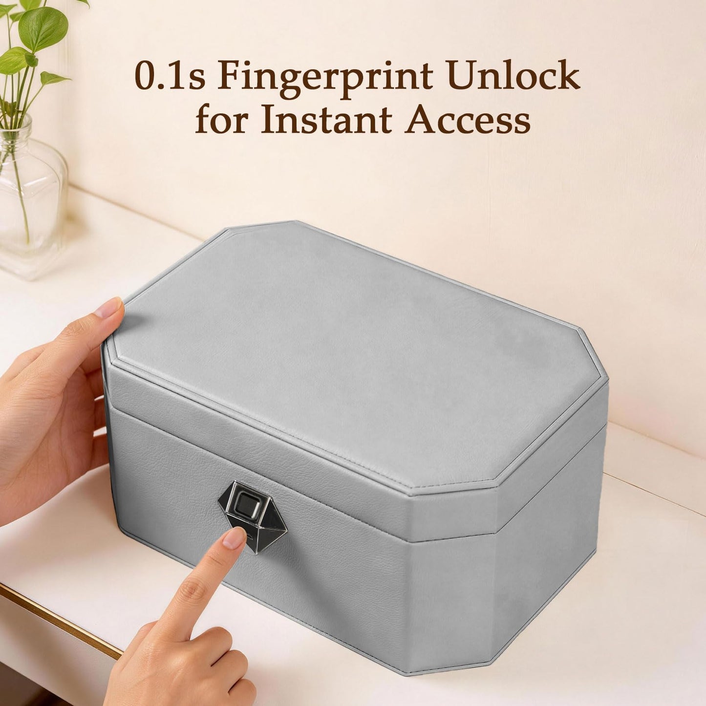 XPEDITION Biometric Fingerprint Lock Jewelry Safe Box Leather-Wrapped Two-Tier Jewelry Box with Quick Access & Keyless Entry, Steel-Reinforced Construction, Perfect for Home Use