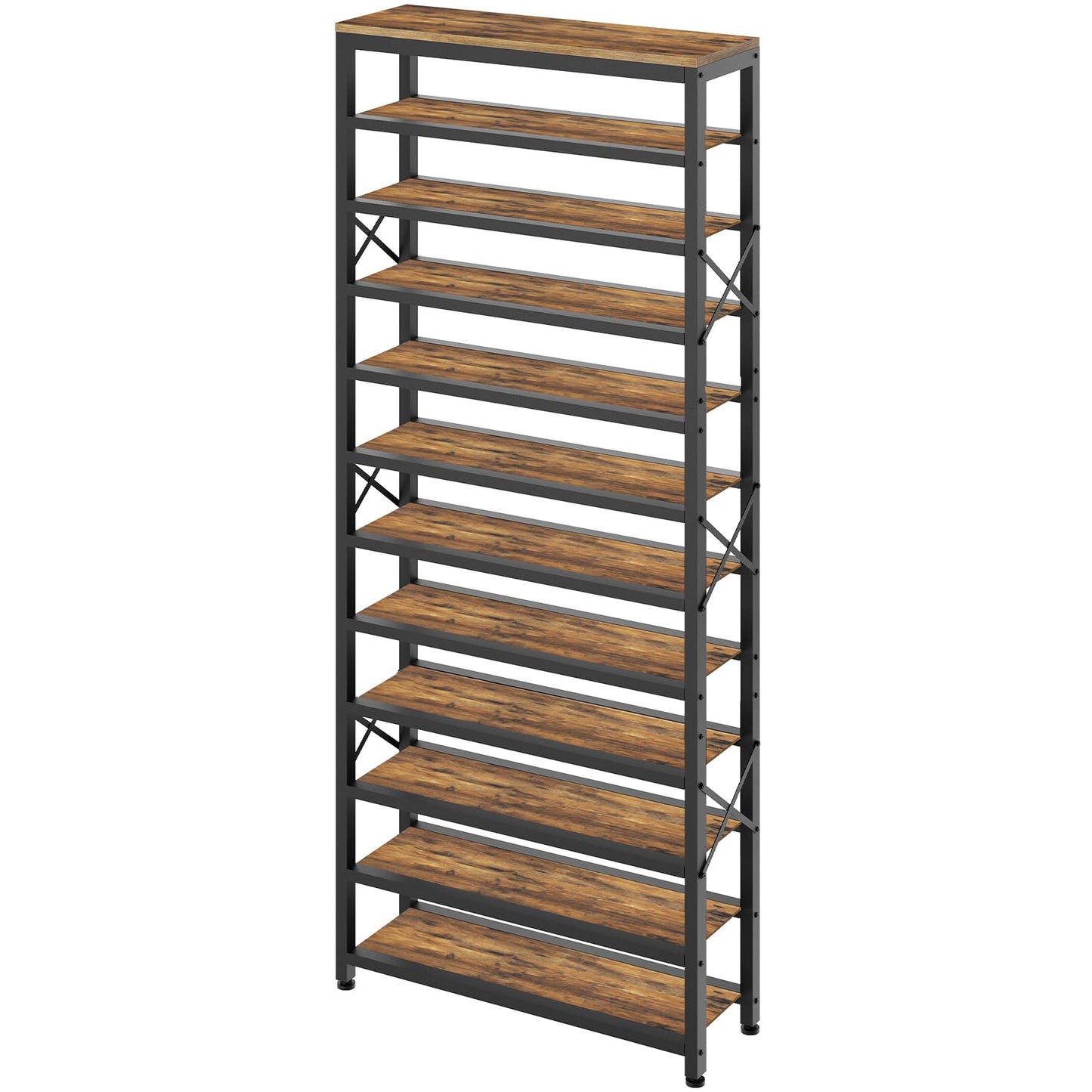 YATINEY 12-Tier Tall Shoe Rack and Entryway Bench with Shoe Storage, 3-Tier Shoe Rack Bench with Wooden Shelves and 3 Non-Woven Drawers, PU Padded Shoe Storage Bench SS212BR-HX07BB
