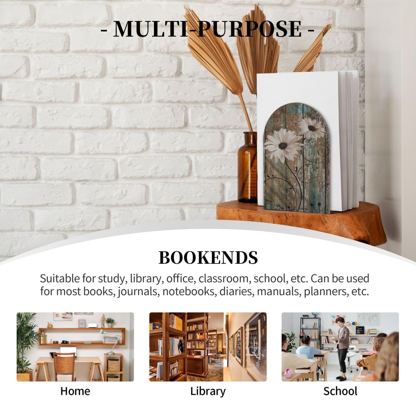 HOYYU Rustic s Wooden Bookends Decorative Shabby Sunflower Book Ends for Shelves Heavy Books Holder Organizer Non-Slip Desk Book End for Kids Room Office School Kitchen Home Desktop Decor 1 Pairs