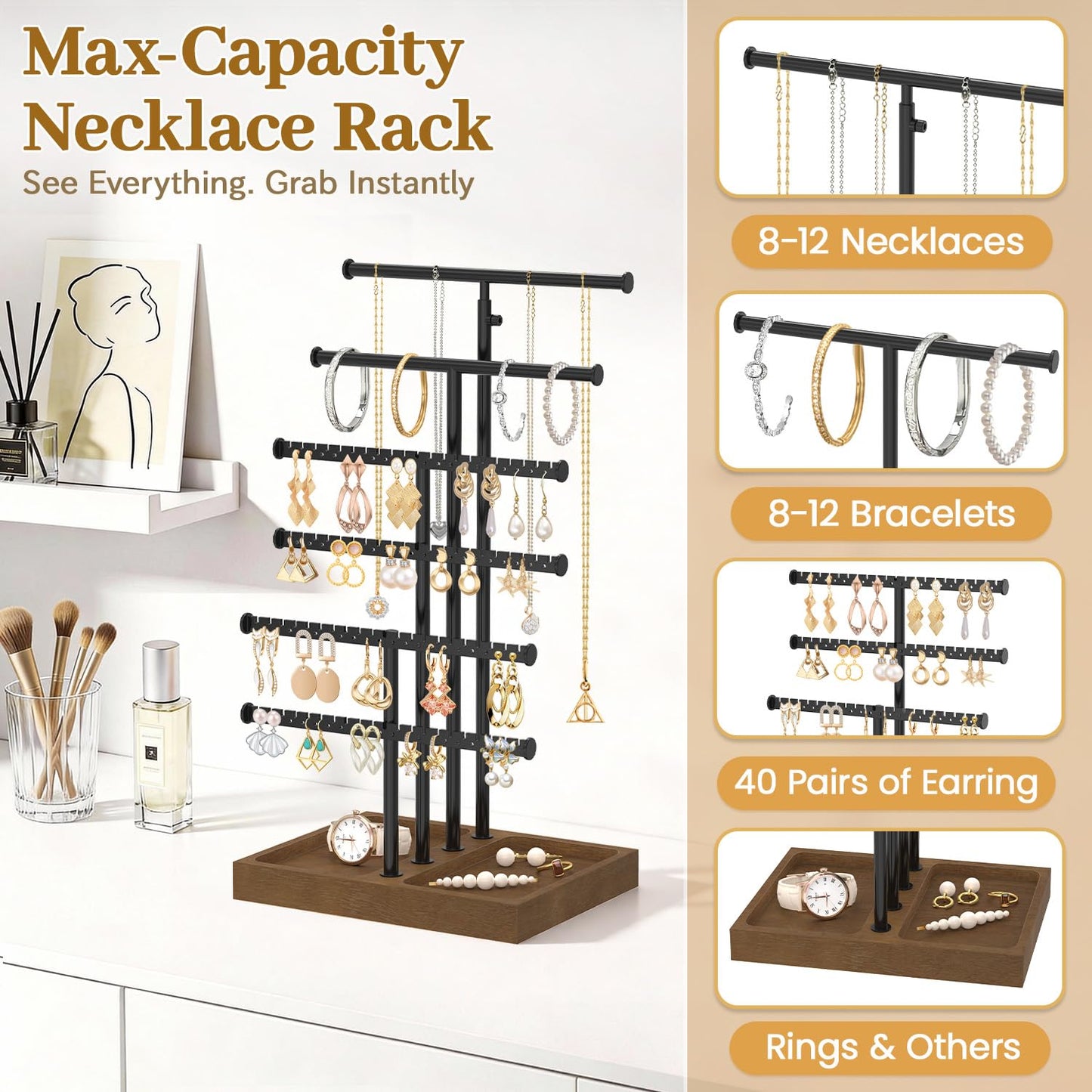 MODOWEY Necklace Holder Organizer Earring Display Stand with Wooden Tray, Metal Adjustable Bracelet Tree Rack for Women Vendor Selling, 6 Tier Tall T Bar Large Storage Tower for Find Jewelry In Second