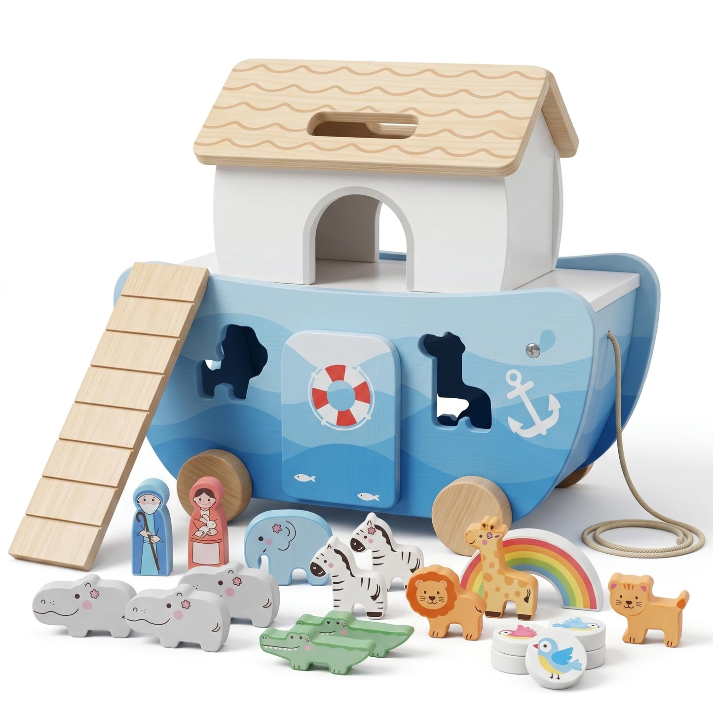 Thirrni Wooden Noah’s Ark Toy for Toddlers 1-3, Montessori Animal Shape Sorter with 8 Pairs of Animals, Noah Figures, Rainbow, Ladder and Lacing Rope, Baptism Birthday Christian Gift for Boys Girls
