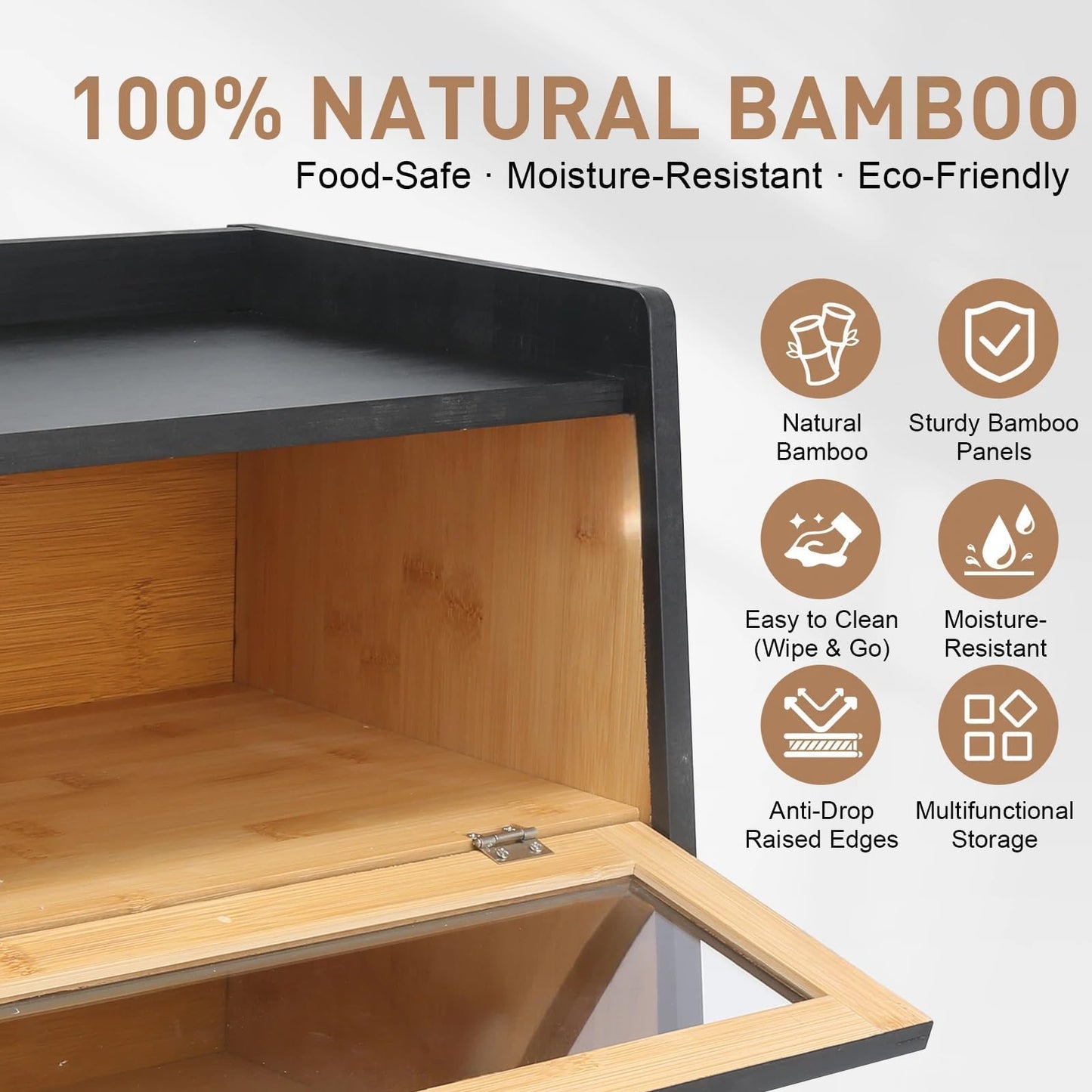 RisUni Double Layer Bamboo Bread Box for Countertop - Large Black Kitchen Storage (15.7x11.2x14.4 Inch) with Clear Window & Breathable Magnetic Closure