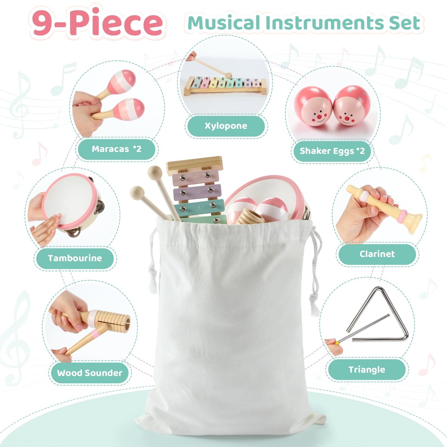 JOLLITO 9-Piece Kids Musical Instrument Set, Wooden Montessori Percussion Toys for Toddlers 1-3, Macaron Pastel Colors Xylophone Tambourine Maracas with Storage Bag, Preschool Educational Gift