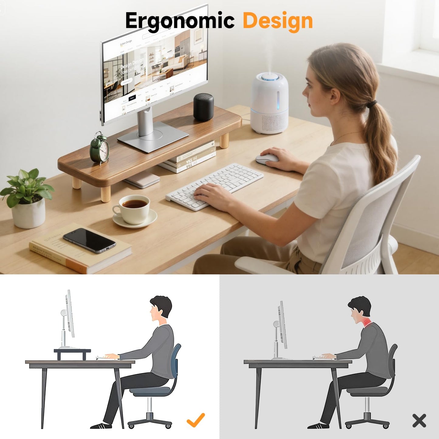 NestNeat Monitor Stand Riser, 24 Inch Wood Desk Organizer with Monitor Stand & Storage Computer Monitor and Laptop Riser Multifunctional Laptop Stand Desk Organizer for Office Home Screen/Laptop/PC (Walnut)